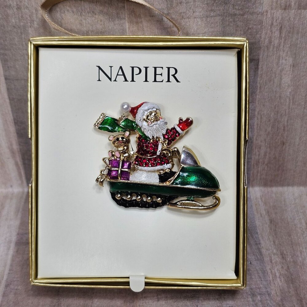 Napier Brooch Santa On Snowmobile Jewelry Christmas NEW